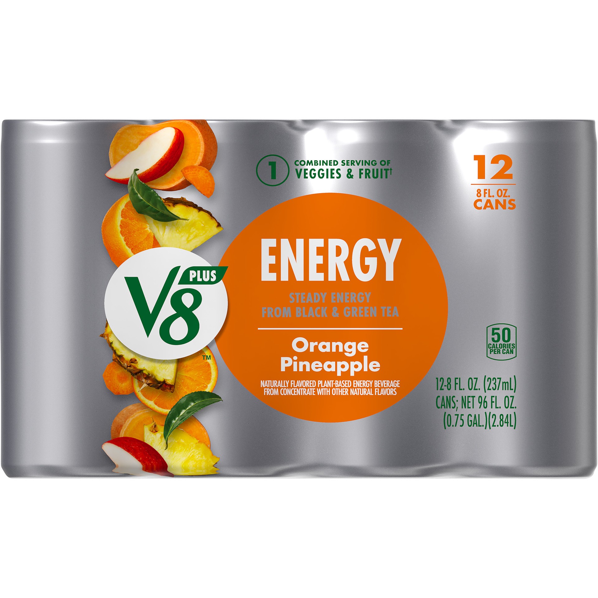 slide 2 of 5, V8 +Energy Orange Pineapple Juice Energy Drink, 8 fl oz Can (12 Pack), 12 ct; 8 oz