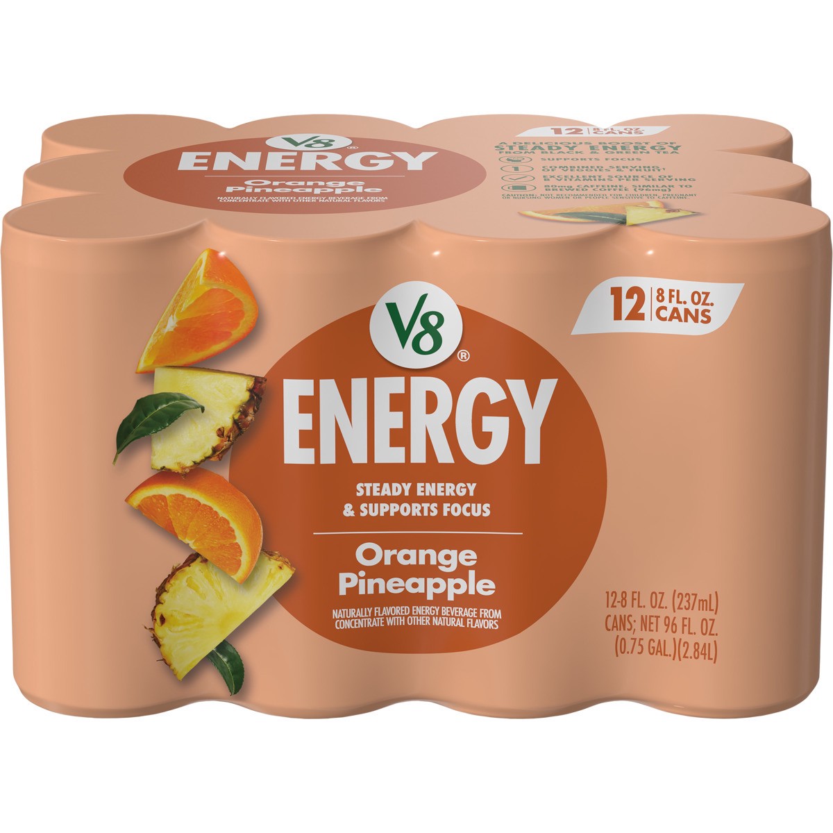 slide 1 of 5, V8 Energy Orange Pineapple Energy Drink, 8 fl oz Can (12 Pack), 96.000 fl oz