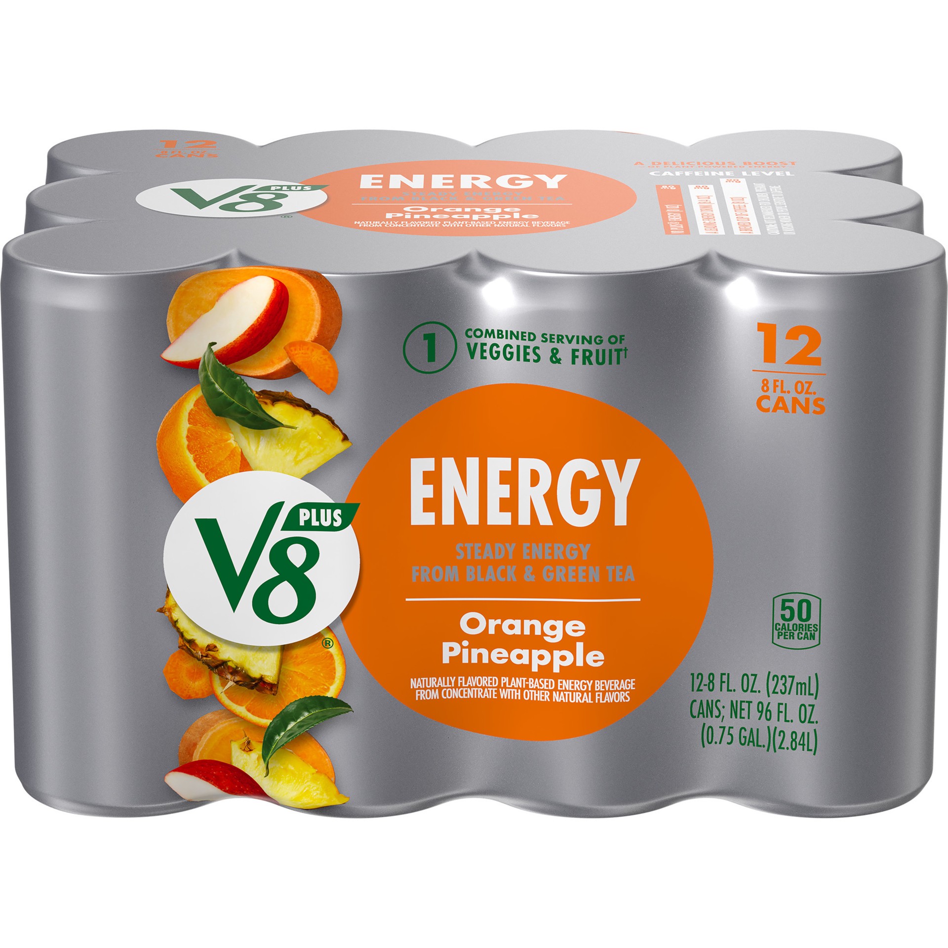 slide 1 of 5, V8 +Energy Orange Pineapple Juice Energy Drink, 8 fl oz Can (12 Pack), 12 ct; 8 oz