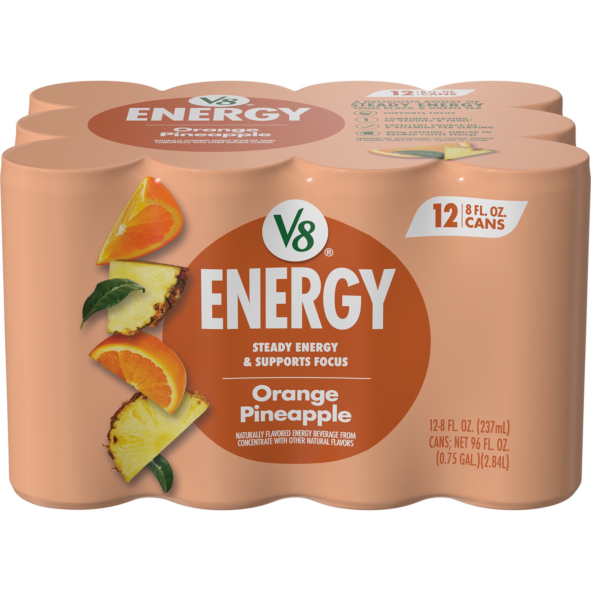 slide 1 of 5, V8 Energy Orange Pineapple Energy Drink, 8 fl oz Cans (12 Pack), 96 fl oz