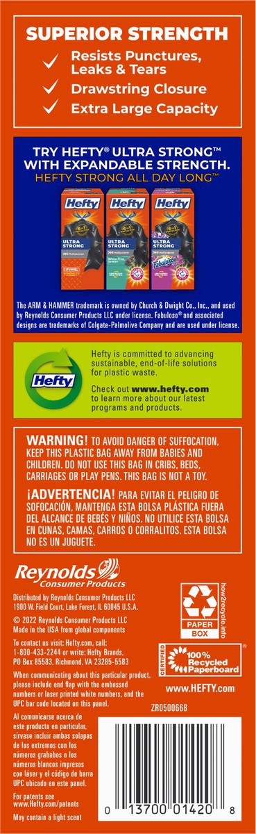 slide 14 of 14, Hefty 39 Gallon Extra Large Drawstring Strong Trash Bags Bag 10 ea, 10 ct