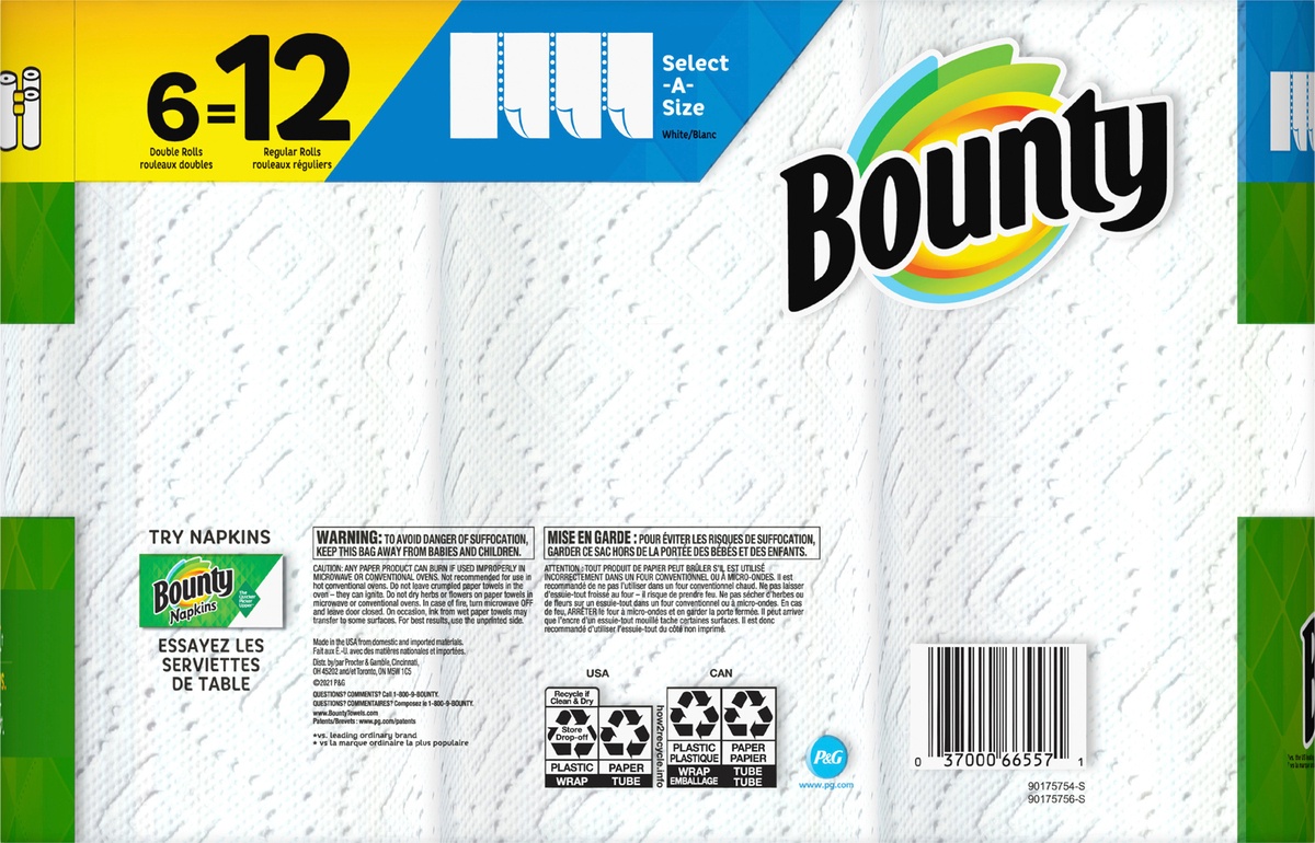 slide 5 of 6, Bounty 2-Ply Double Rolls White Select-A-Size Paper Towels 6 ea, 6 ct