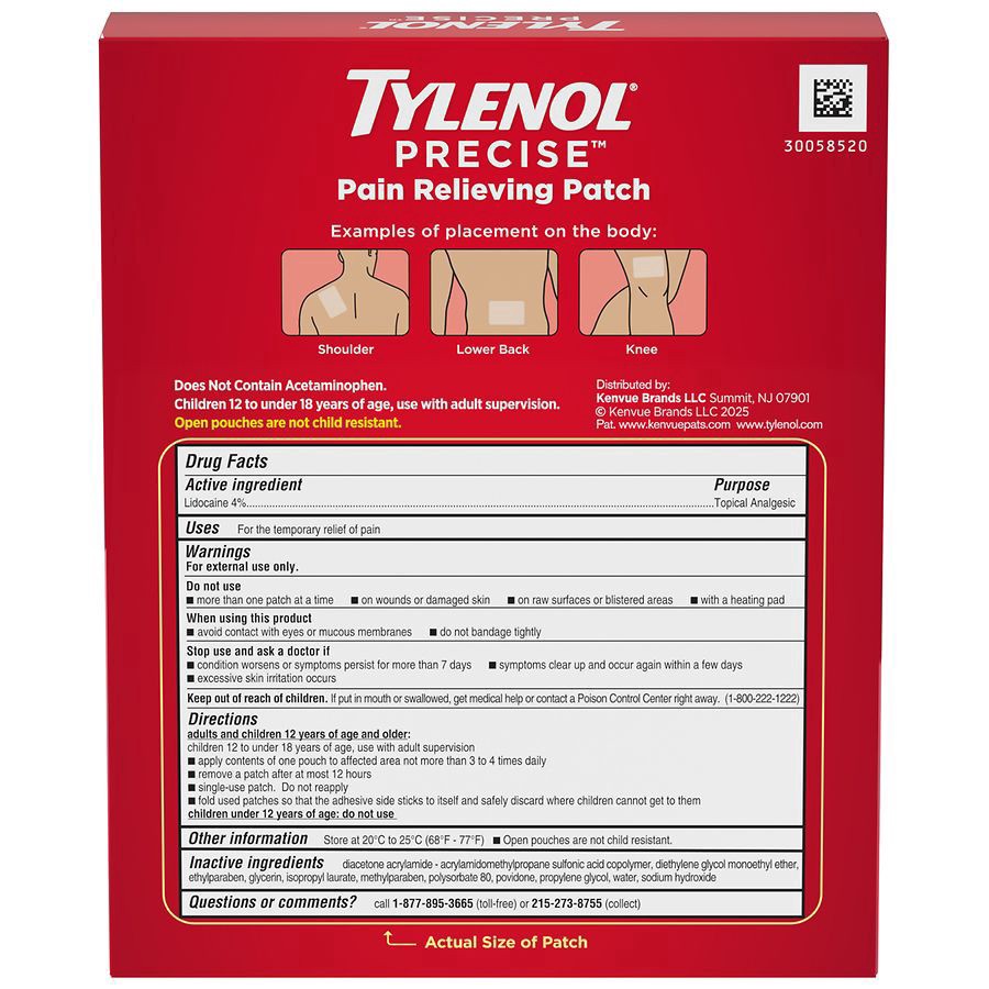 slide 5 of 5, Tylenol Precise Large Pain Reliever Patches, Lidocaine 4%, 4 Count, 4 ct