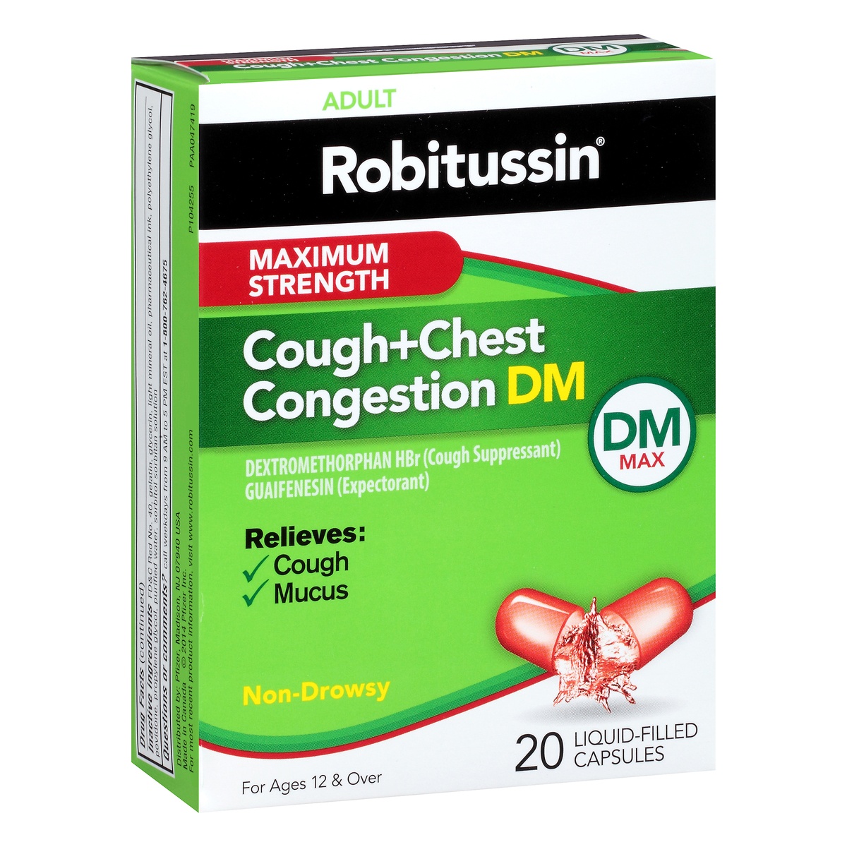 slide 2 of 9, Robitussin Maximum Strength Cough + Chest Congestion DM Non-Drowsy Liquid Filled Capsules, 20 ct