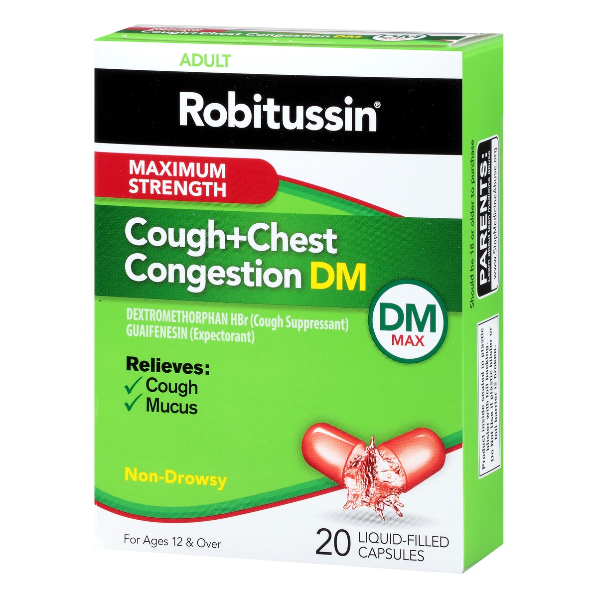 slide 3 of 9, Robitussin Maximum Strength Cough + Chest Congestion DM Non-Drowsy Liquid Filled Capsules, 20 ct