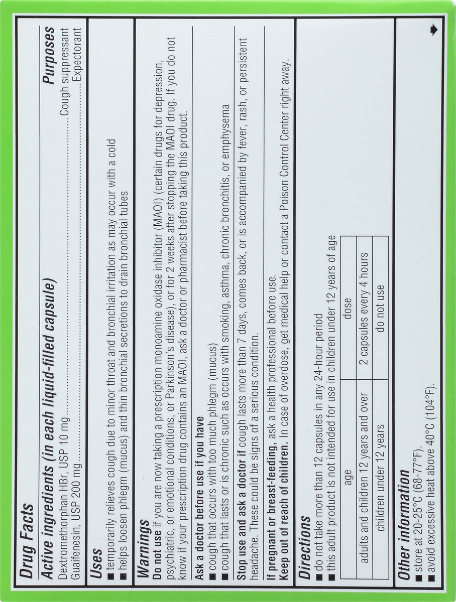 slide 5 of 9, Robitussin Maximum Strength Cough + Chest Congestion DM Non-Drowsy Liquid Filled Capsules, 20 ct