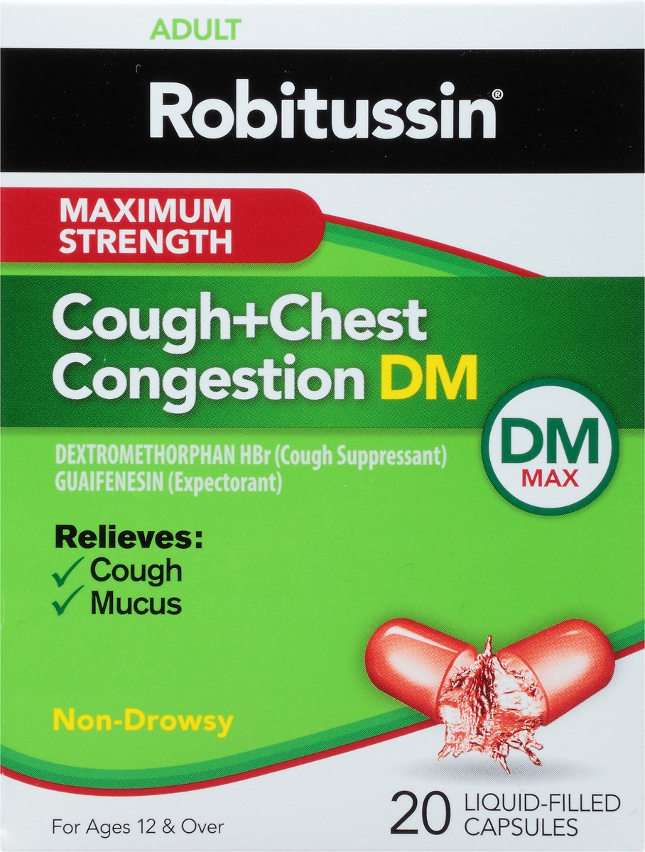 slide 6 of 9, Robitussin Maximum Strength Cough + Chest Congestion DM Non-Drowsy Liquid Filled Capsules, 20 ct