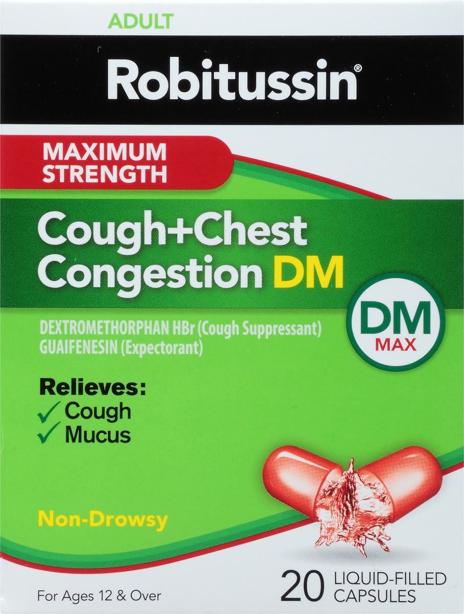 slide 8 of 9, Robitussin Maximum Strength Cough + Chest Congestion DM Non-Drowsy Liquid Filled Capsules, 20 ct