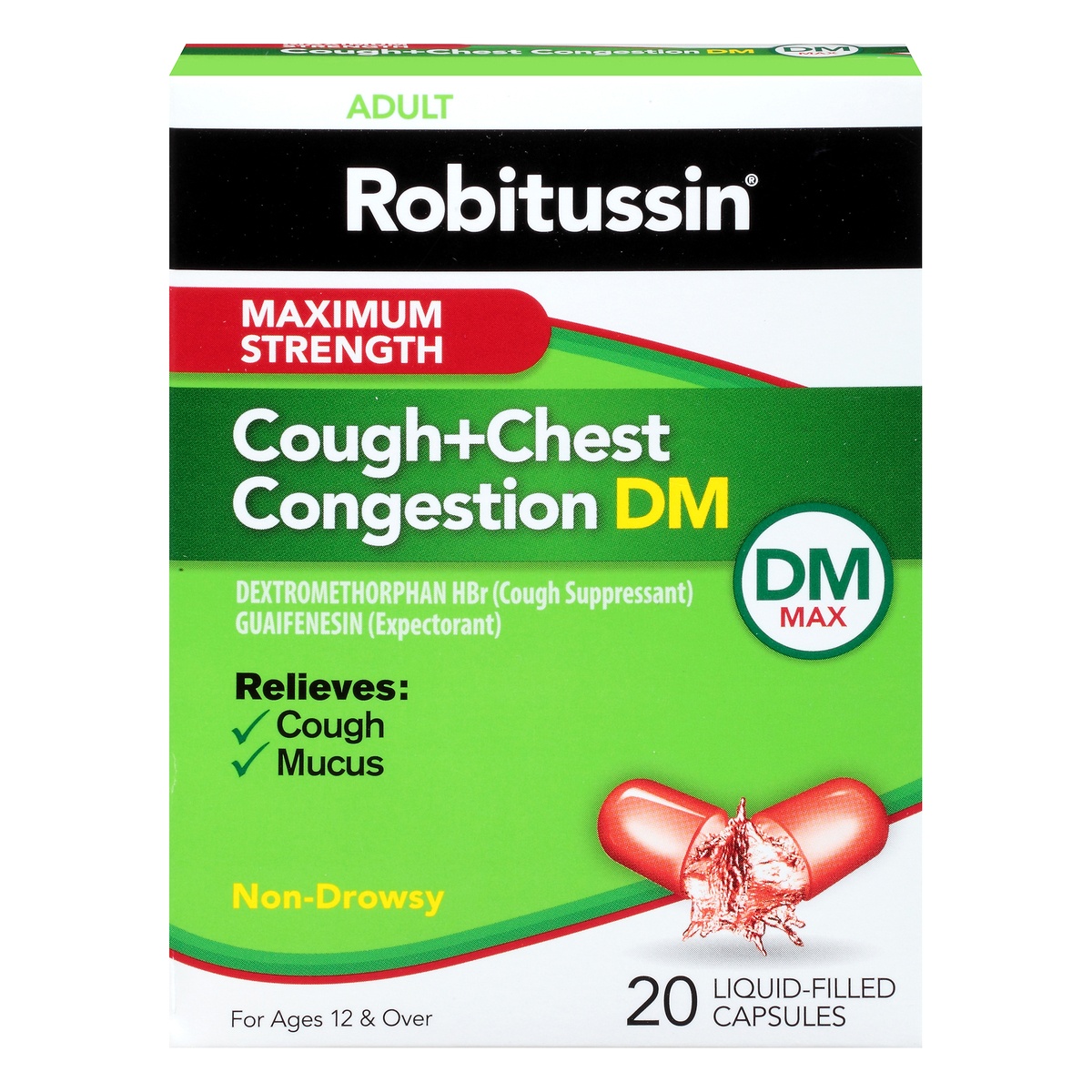 slide 1 of 9, Robitussin Maximum Strength Cough + Chest Congestion DM Non-Drowsy Liquid Filled Capsules, 20 ct