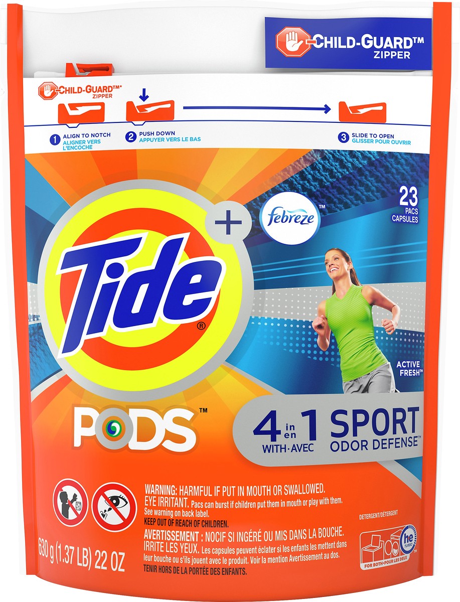 slide 3 of 3, Tide + Pods Pacs 4 in 1 Sport Odor Defense Active Fresh Detergent 23 ea, 23 ct