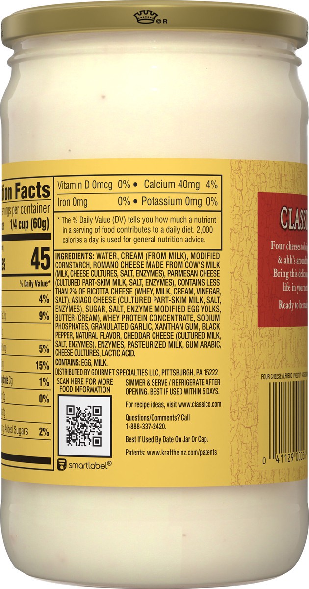 slide 9 of 13, Classico Four Cheese Alfredo Pasta Sauce, 22 oz Jar, 22 oz
