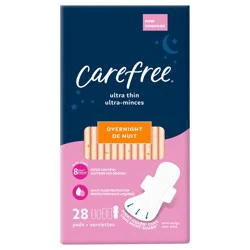 Carefree Ultra Thin Pads, Overnight With Wings, 28Ct