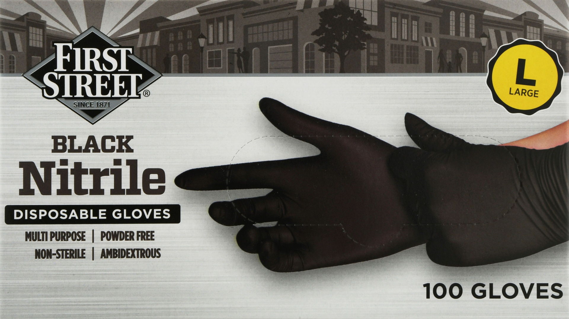 slide 1 of 1, First Street Black Nitrile Gloves Large, 100 ct