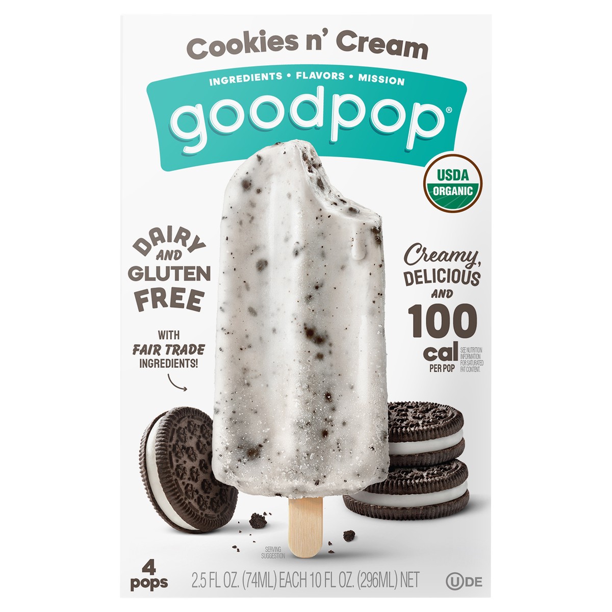 slide 1 of 8, GoodPop Cookies n' Cream Organic, Dairy-Free Pops 4 Ct, 1 ct