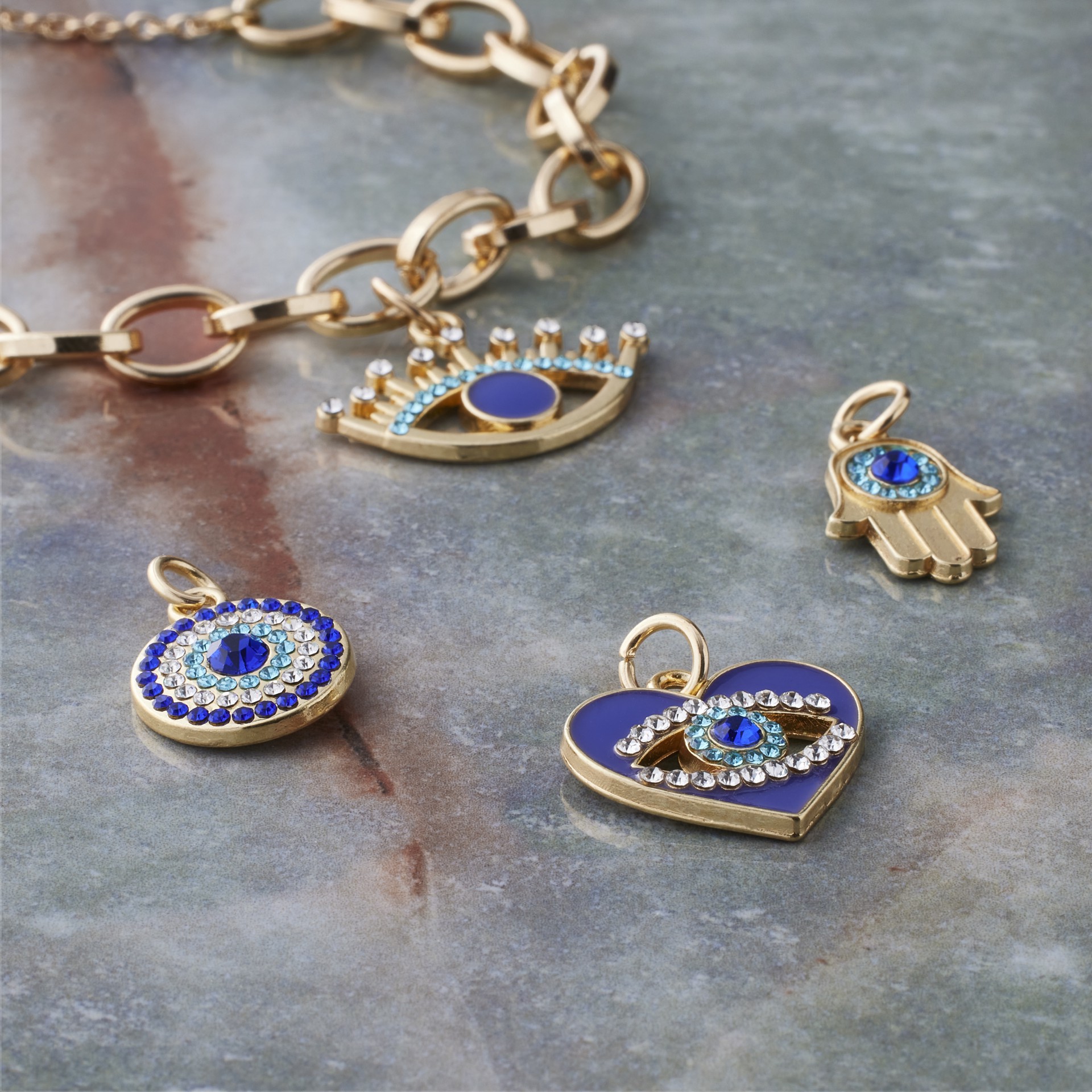 slide 2 of 3, Blue & Gold Evil Eye Charms By Bead Landing, 12mm to 19mm charm size