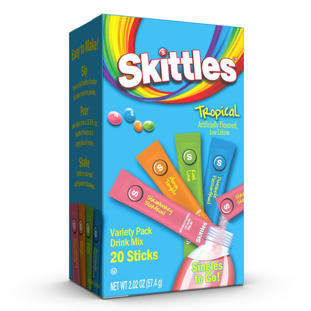 slide 1 of 1, Skittles Tropical Variety Pack Drink Mix Singles To Go! - 20 ct, 20 ct