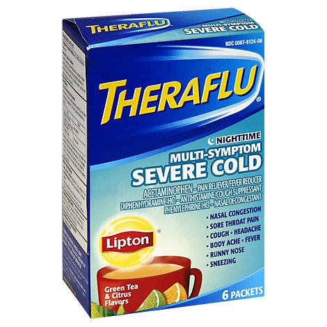 slide 1 of 1, Theraflu Nighttime Multi-Symptom Severe Cold Hot Liquid Powder, 6 ct