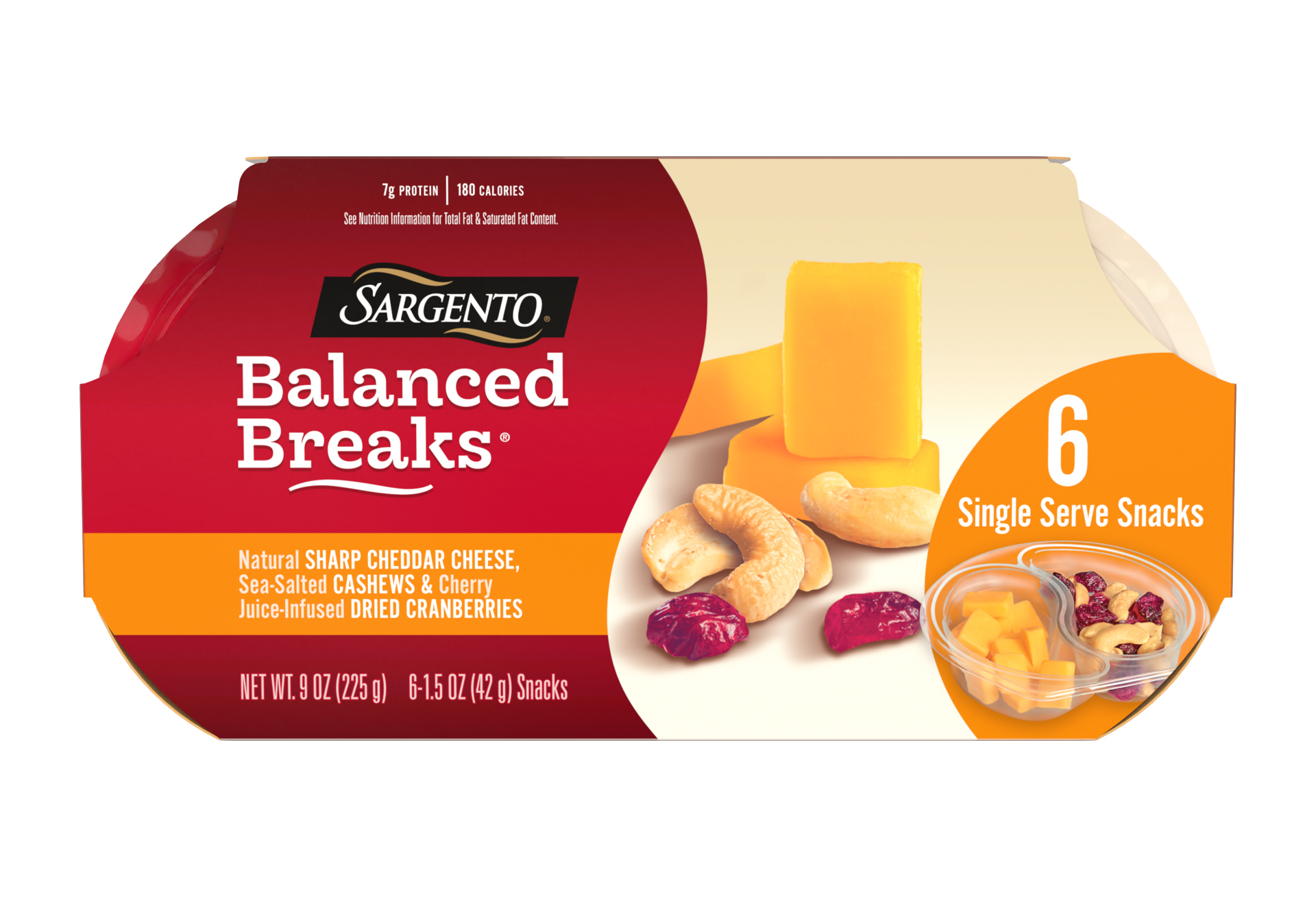 slide 1 of 8, Sargento Balanced Breaks Natural Sharp Cheddar Cheese, Sea-Salted Cashews and Cherry Juice-Infused Dried Cranberries Snack Kit, 1.5 oz., 6-Pack, 9 oz