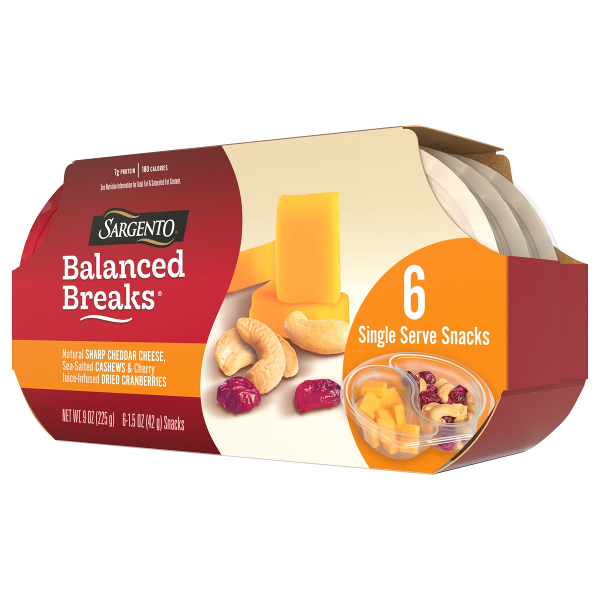 slide 2 of 8, Sargento Balanced Breaks Natural Sharp Cheddar Cheese, Sea-Salted Cashews and Cherry Juice-Infused Dried Cranberries Snack Kit, 1.5 oz., 6-Pack, 9 oz