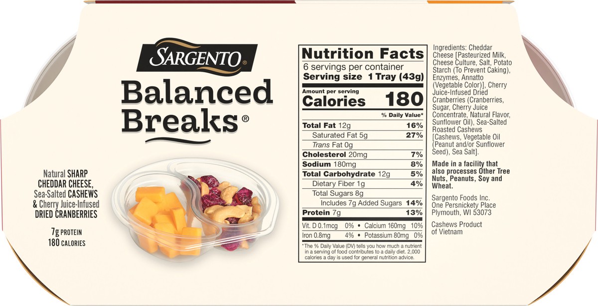 slide 8 of 8, Sargento Balanced Breaks Natural Sharp Cheddar Cheese, Sea-Salted Cashews and Cherry Juice-Infused Dried Cranberries Snack Kit, 1.5 oz., 6-Pack, 9 oz