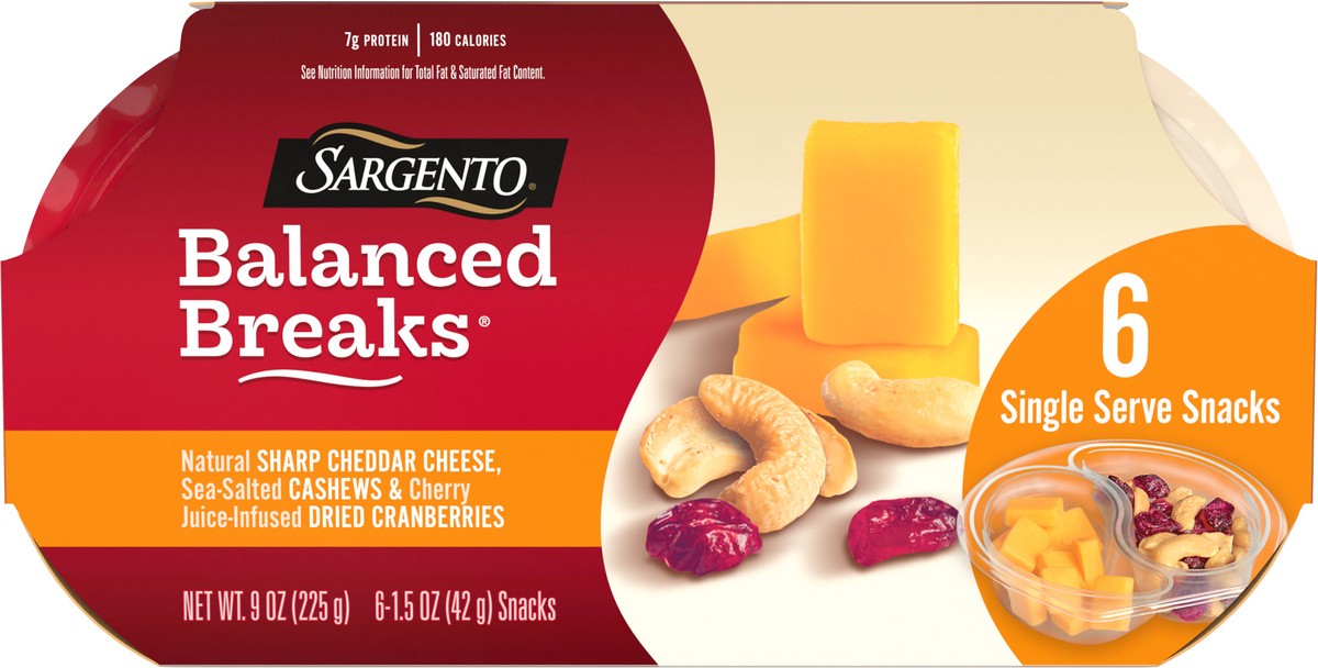 slide 4 of 8, Sargento Balanced Breaks Natural Sharp Cheddar Cheese, Sea-Salted Cashews and Cherry Juice-Infused Dried Cranberries Snack Kit, 1.5 oz., 6-Pack, 9 oz