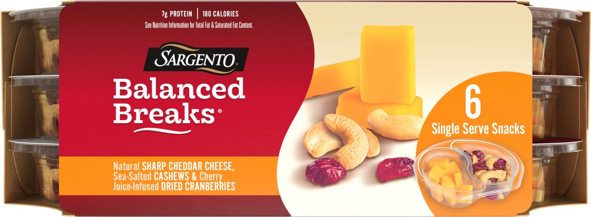 slide 7 of 8, Sargento Balanced Breaks Natural Sharp Cheddar Cheese, Sea-Salted Cashews and Cherry Juice-Infused Dried Cranberries Snack Kit, 1.5 oz., 6-Pack, 9 oz