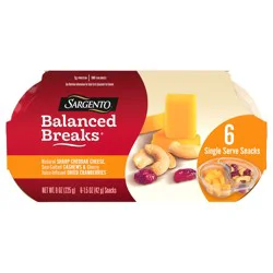 Sargento Balanced Breaks Natural Sharp Cheddar Cheese, Sea-Salted Cashews and Cherry Juice-Infused Dried Cranberries Snack Kit, 6-Pack