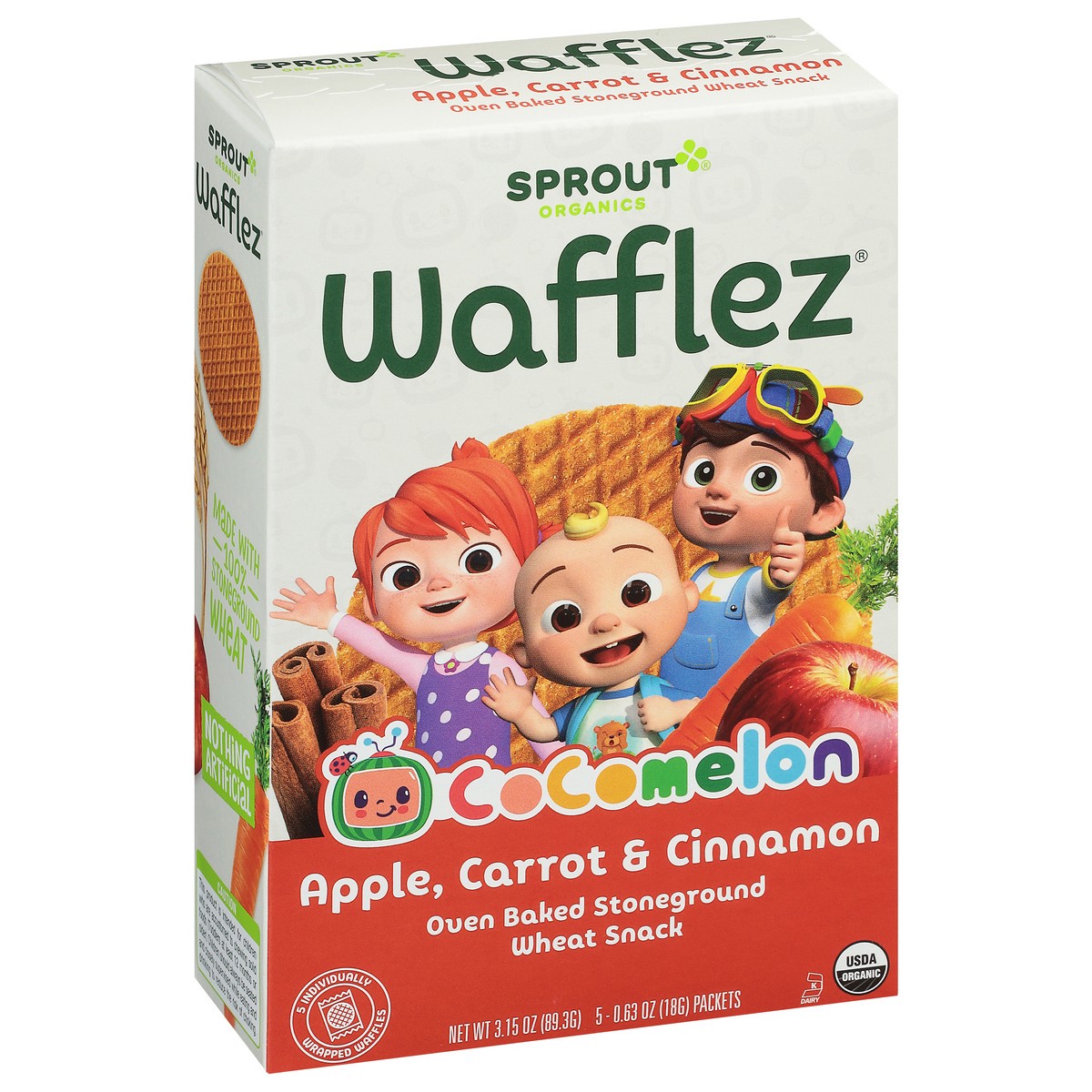 slide 2 of 9, Sprout Organics Wafflez Cocomelon Apple, Carrot & Cinnamon Wheat Snack 5 - 0.63 oz Packets, 5 ct