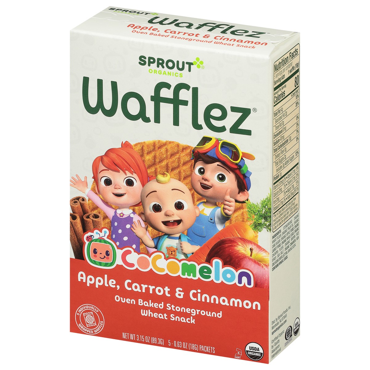 slide 3 of 9, Sprout Organics Wafflez Cocomelon Apple, Carrot & Cinnamon Wheat Snack 5 - 0.63 oz Packets, 5 ct