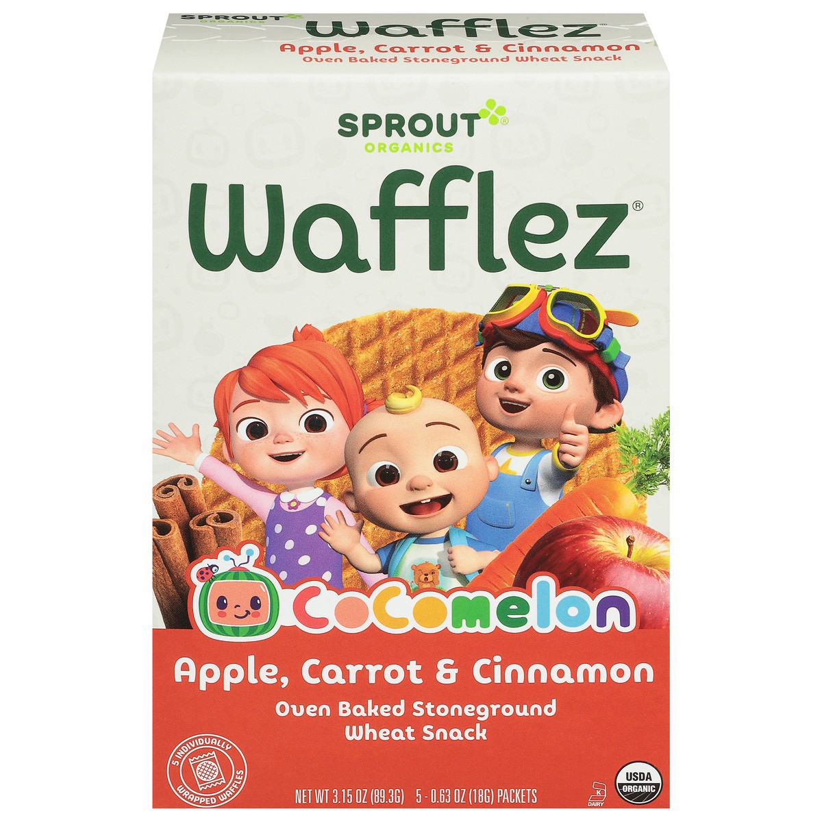 slide 1 of 9, Sprout Organics Wafflez Cocomelon Apple, Carrot & Cinnamon Wheat Snack 5 - 0.63 oz Packets, 5 ct