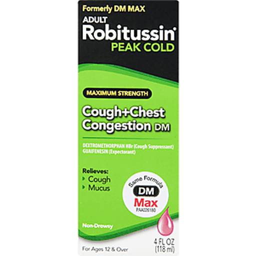 slide 1 of 1, Robitussin Maximum Strength Cough + Chest Congestion DM Non-Drowsy Liquid, 4 fl oz