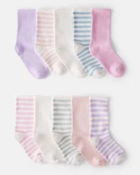Carter's Girls 10-Pack Striped Crew Socks, Multi, Size 8-14