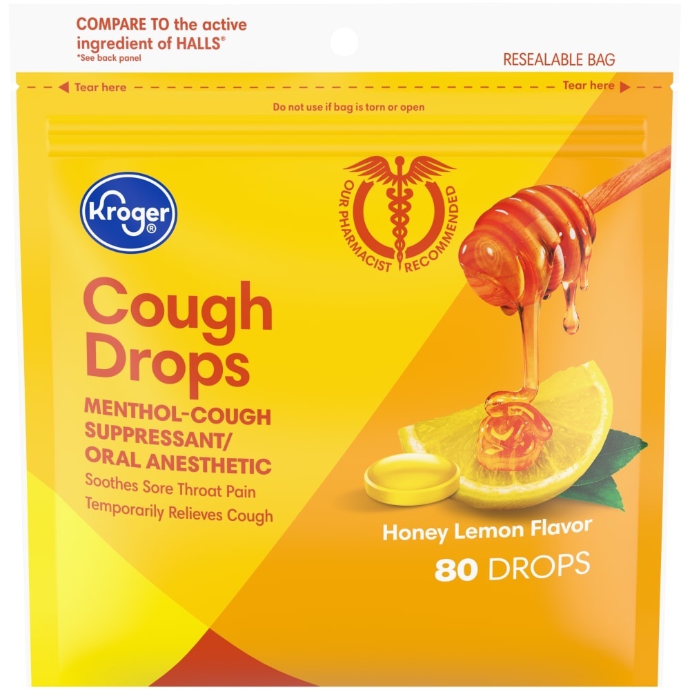 slide 1 of 1, Kroger Honey Lemon Cough Drops, 80 ct