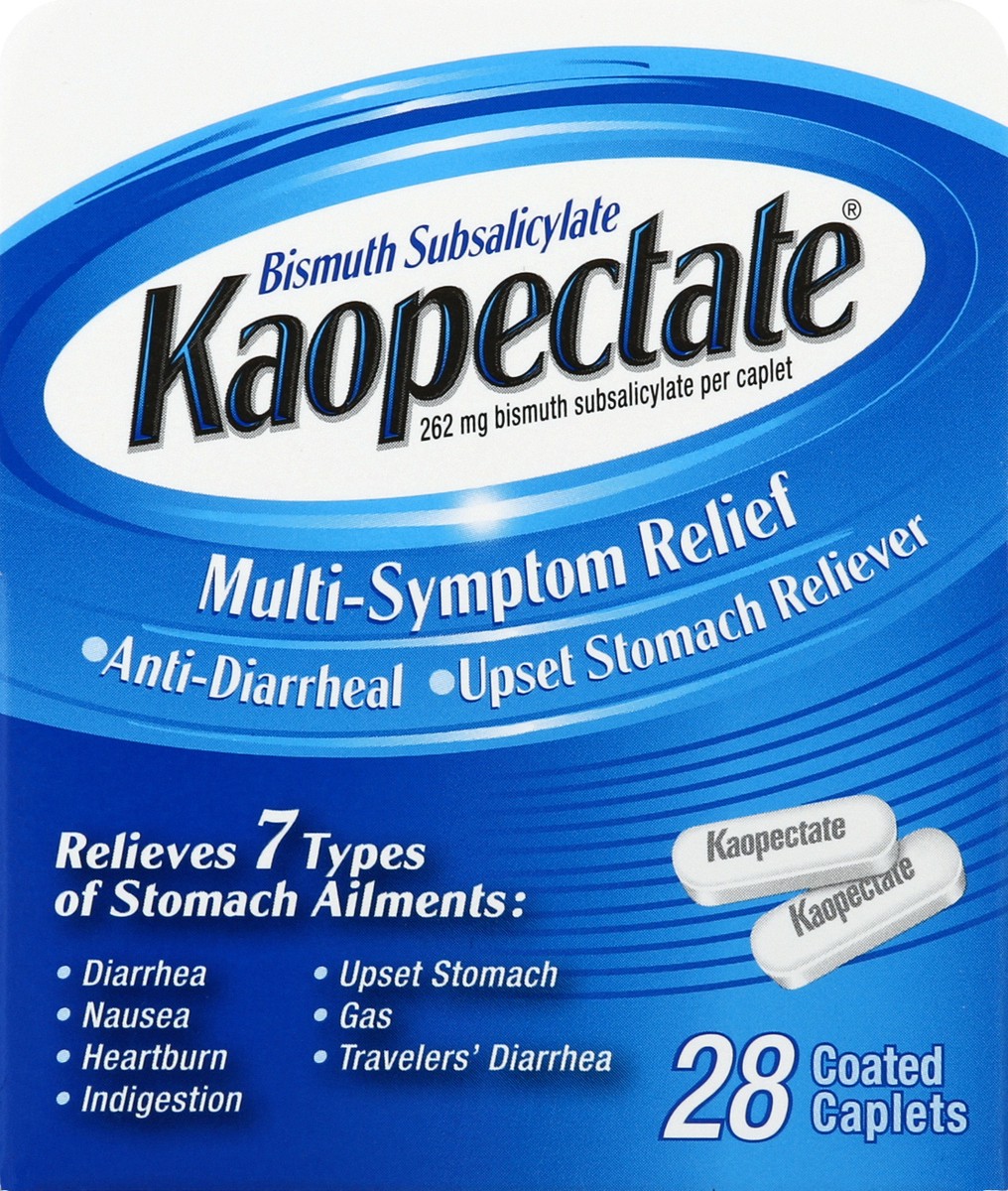 slide 4 of 7, Kaopectate Anti-Diarrheal/Upset Stomach Reliever 262 mg Multi-Symptom Relief Coated Caplets, 28 ct