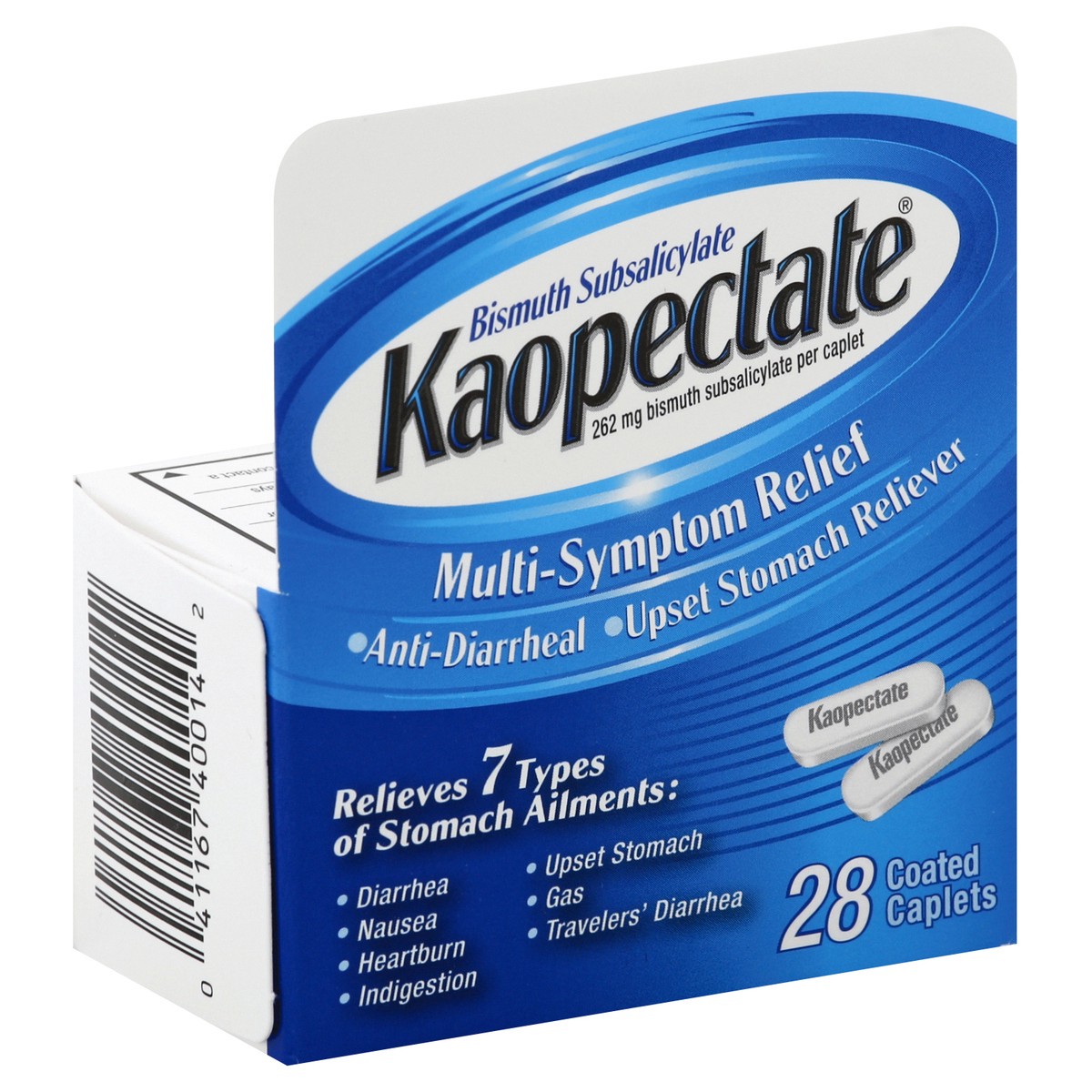 slide 6 of 7, Kaopectate Anti-Diarrheal/Upset Stomach Reliever 262 mg Multi-Symptom Relief Coated Caplets, 28 ct