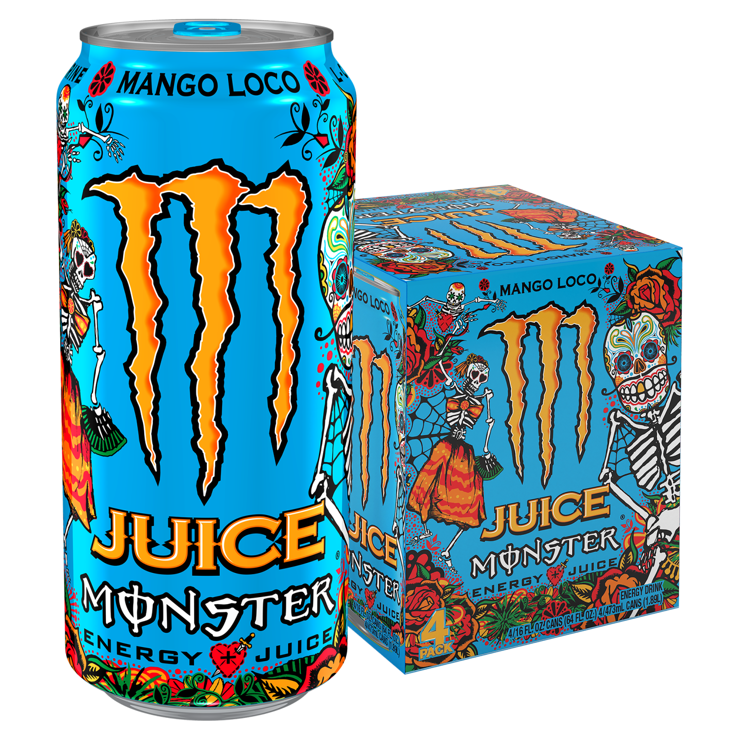 slide 1 of 4, Monster Energy Juice Monster Mango Loco, Mango Loco (Pack of 4, 16 oz