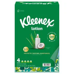 Kleenex Lotion Facial Tissues with Coconut Oil, 4 Flat Boxes, 120 Tissues Per Box, 3-Ply