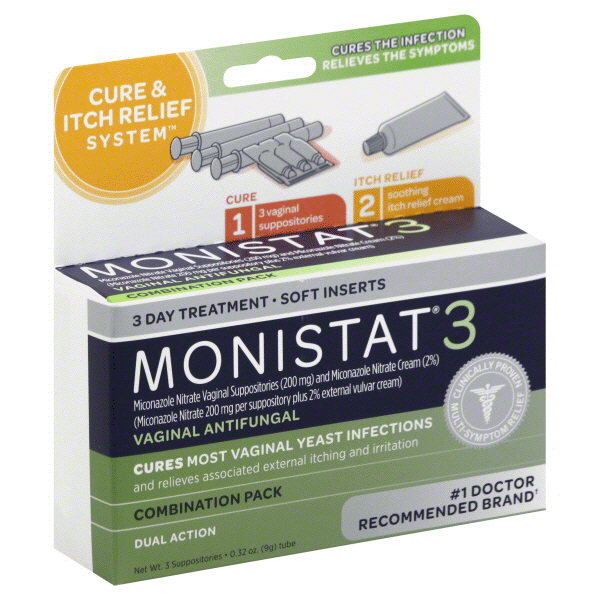 slide 1 of 1, Monistat Cure & Itch Relief 3-Day Treatment Suppositories Vaginal Antifugal Combination Pack, 3 ct; 0.32 oz