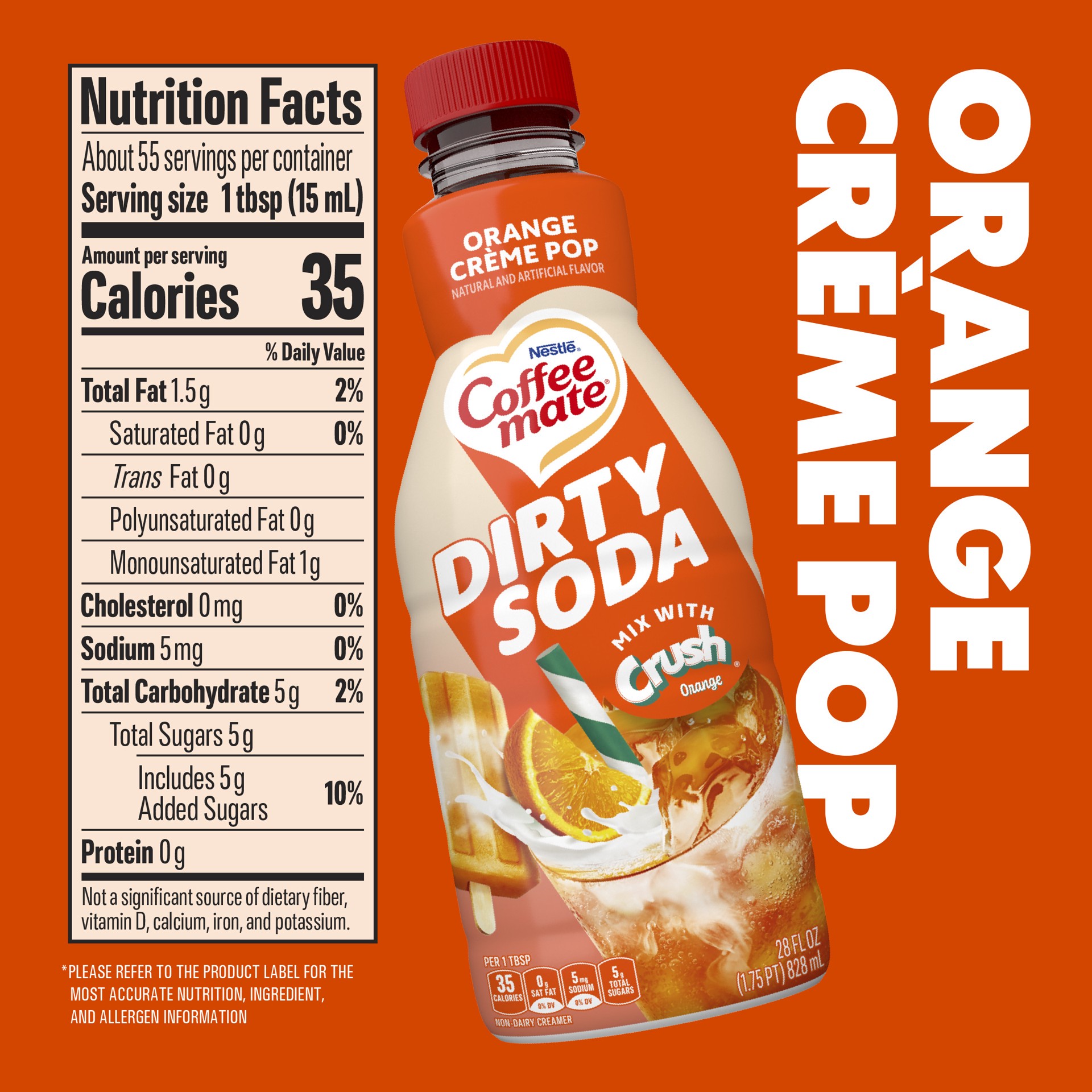 slide 6 of 7, Coffee mate Dirty Soda Creamer, Orange Crème Pop Flavored Liquid Creamer, Mix with Crush Orange, 28 oz