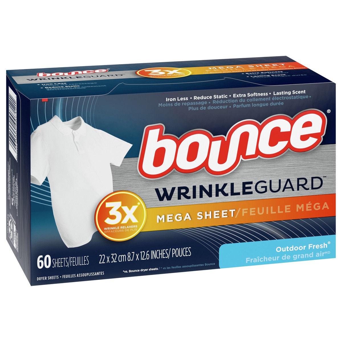 slide 6 of 10, Bounce WrinkleGuard Mega Dryer Sheets, Wrinkle Release Fabric Softener Sheets with Outdoor Fresh Scent, 60 ct