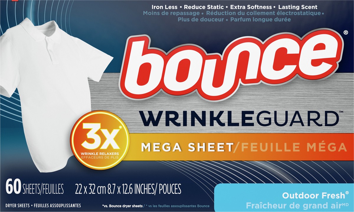 slide 4 of 10, Bounce WrinkleGuard Mega Dryer Sheets, Wrinkle Release Fabric Softener Sheets with Outdoor Fresh Scent, 60 ct