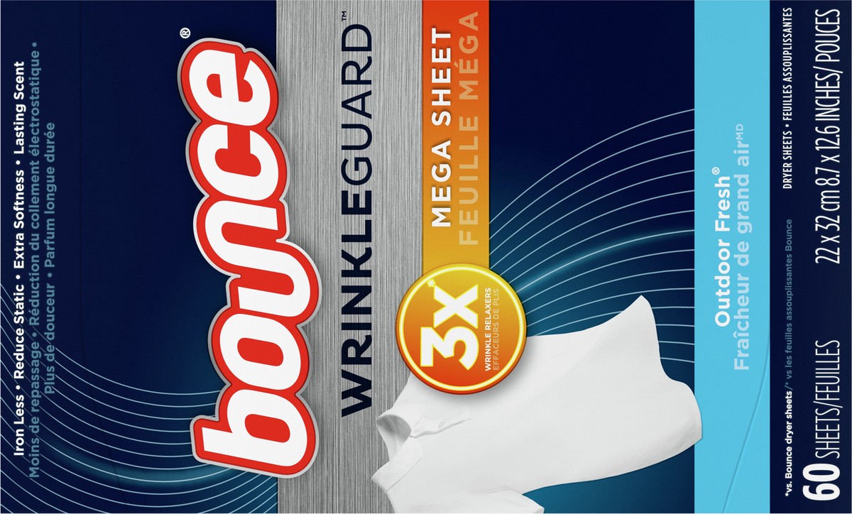 slide 3 of 10, Bounce WrinkleGuard Mega Dryer Sheets, Wrinkle Release Fabric Softener Sheets with Outdoor Fresh Scent, 60 ct