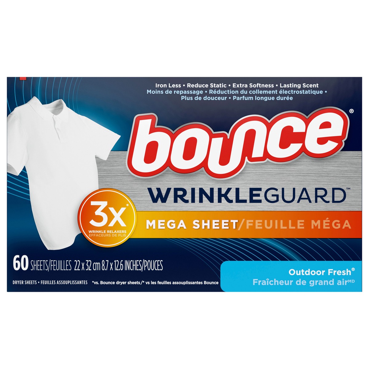 slide 1 of 10, Bounce WrinkleGuard Mega Dryer Sheets, Wrinkle Release Fabric Softener Sheets with Outdoor Fresh Scent, 60 ct