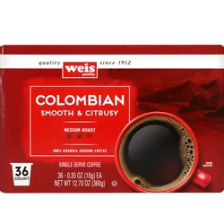 Weis Quality Dark Roast 100% Colombian 100% Arabica Premium Coffee Single Serve Cups - 36 ct; 12.69 oz