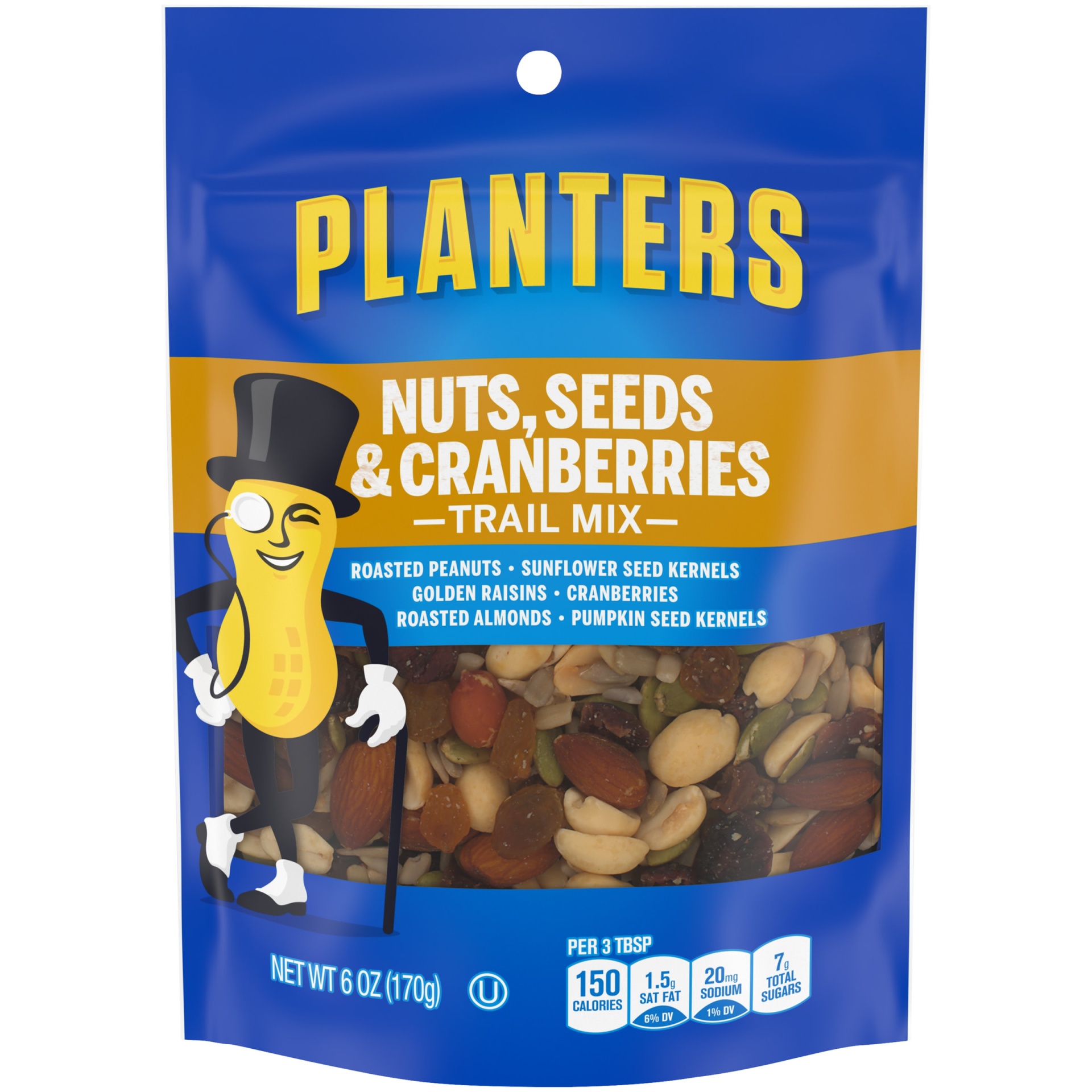 slide 1 of 2, Planters Nuts, Seeds & Cranberries Trail Mix with Roasted Peanuts & Almonds, Sunflower Kernels, Golden Raisins, Cranberries & Pumpkin Kernels, 6 oz