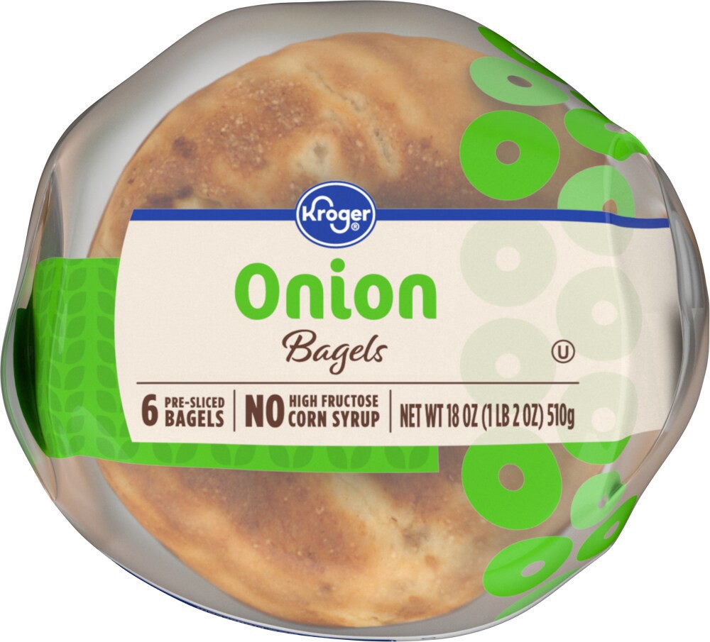 slide 2 of 3, Kroger Onion Pre-Sliced Bagels 6 Count, 18 oz