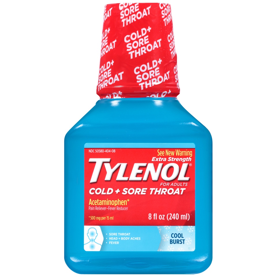 slide 1 of 1, Tylenol Cold + Sore Throat Cool Burst Liquid, 8 fl oz