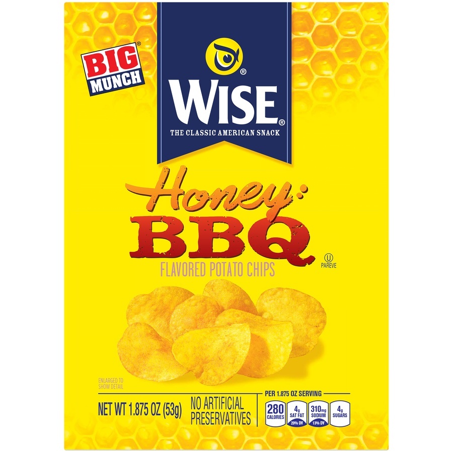 slide 1 of 1, Wise Honey BBQ Flavored Potato Chips, 1.875 oz