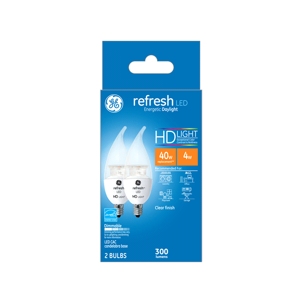 slide 1 of 1, GE Refresh Daylight HD 40W Replacement LED Light Bulbs Decorative Bent Tip Candelabra Base CAC, 2 ct