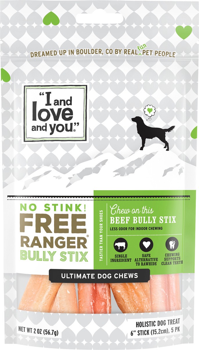 slide 3 of 3, I and Love and You "I and love and you" Free Ranger No Stink! Bully Stix, Grain Free, Low Odor, 100% Beef Pizzle Dog Chews, Rawhide Free, 6in Chews, Pack of 5, 5 ct